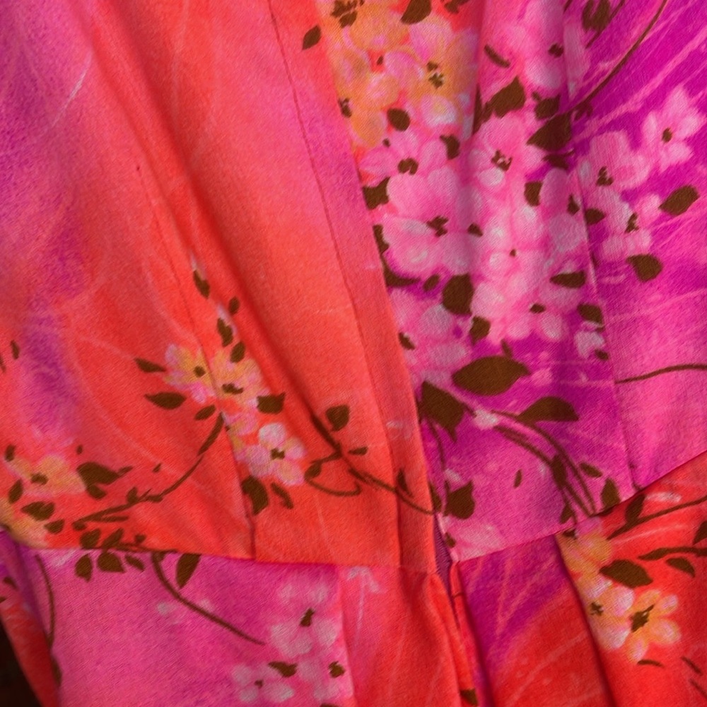 VTG Mildred's Hawaii Dress Barkcloth/Bright Neon Floral Ruffled Bow 60s 70s - Picture 8 of 14